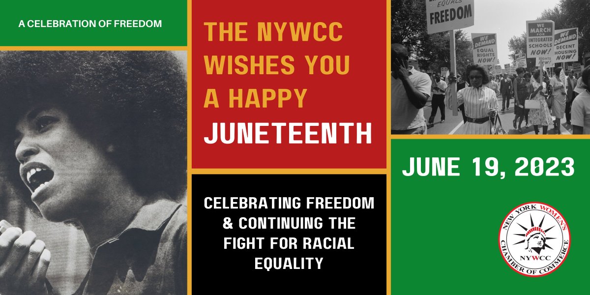 NYWomensChamber's tweet photo. The @NYWomensChamber wishes you a HAPPY JUNETEENTH! Juneteenth also known as “Freedom Day” or “Emancipation Day,” is a holiday of deep historical significance commemorating the end of slavery in the United States. Today we listen, learn, and observe. #Juneteenth2023 https://t.co/gxWzA5bXxg