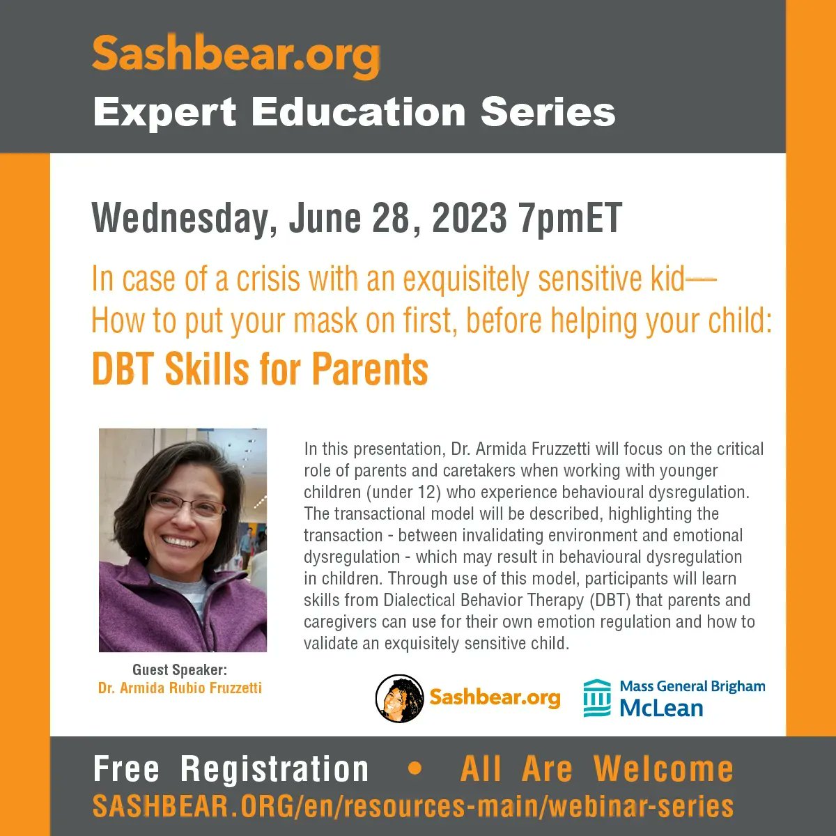 SashbearOrg's tweet image. Join us June 28th at 7 PM ET for "In case of a crisis with an exquisitely sensitive kid—How to put your mask on first, before helping your child: DBT Skills for Parents" with Dr. Armida Fruzzetti 

All are welcome, registration is free: buff.ly/3X45bRI  

#Skills #Hope