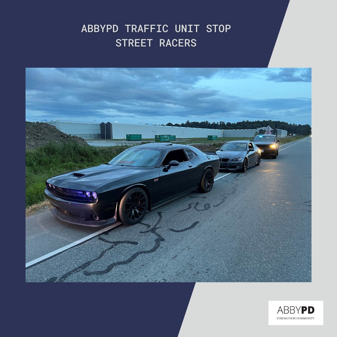 AbbyPoliceDept's tweet photo. On June 17th, 2023, AbbyPD traffic members observed two cars driving over 130 km/h at Gladwin Rd. Drivers were weaving in and out of traffic and passing vehicles in the oncoming lane. Members arrested both drivers, impounding the cars in the process.  
#RoadSafetyMatters https://t.co/tZOFaMAQET
