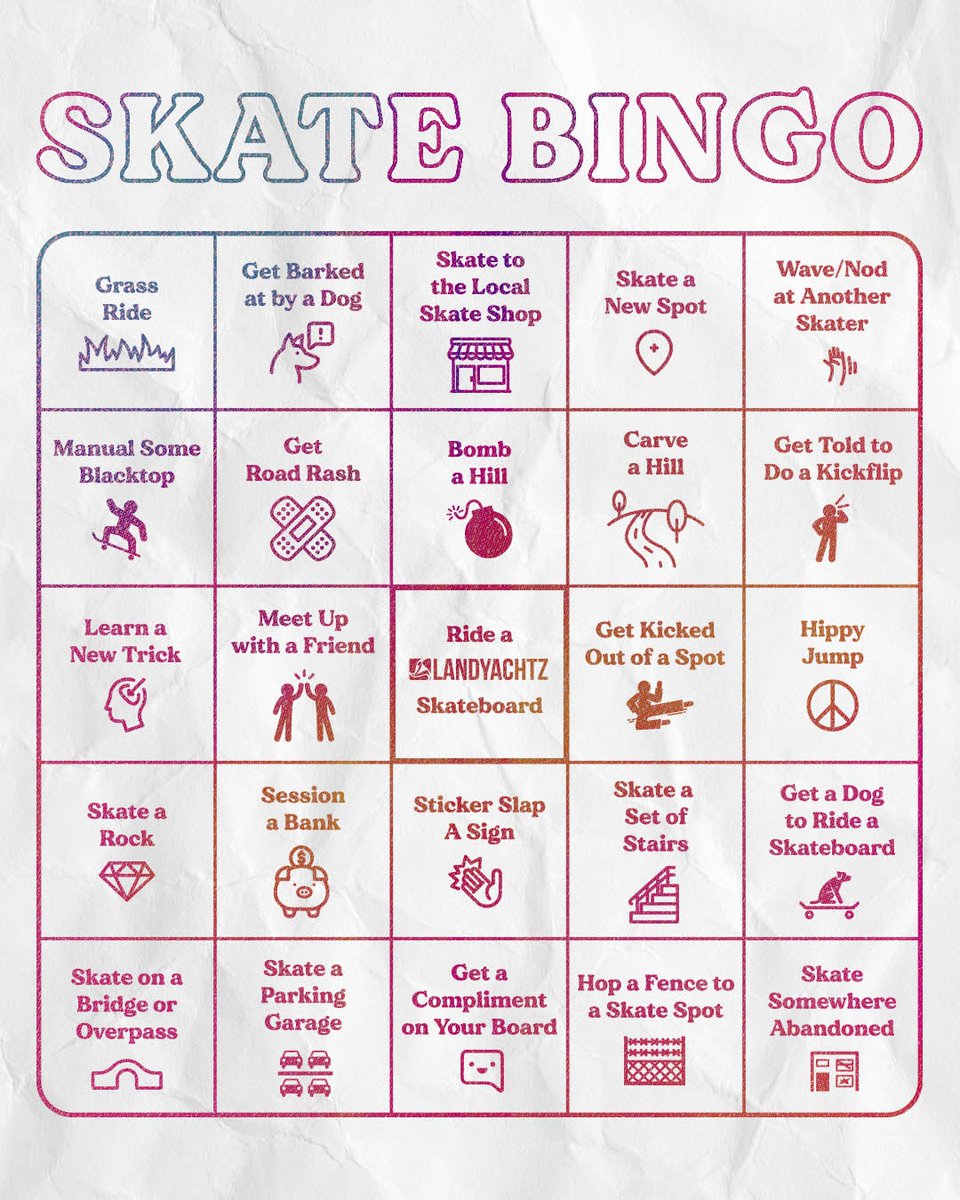 Landyachtz's tweet photo. Go Skateboarding Day Bingo Card! Here's something to keep you busy for the big day. Play by yourself or try checking off as many as you can with a friend
#SkateBingo #SkateAndExplore #HaveASkateDay
#GoSkateboardingDay #Landyachtz #Skateboarding #Cruisers #Longboarding https://t.co/FZDgBX7VNS