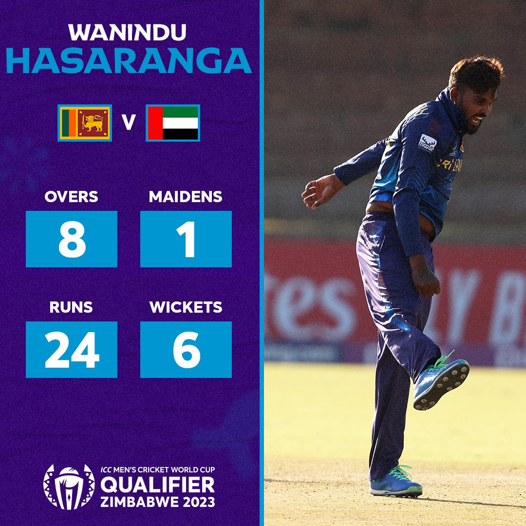 Career-best figures for Wanindu Hasaranga in Sri Lanka's clinical win over UAE in the #CWC23 Qualifier game 🤩

#SLvUAE