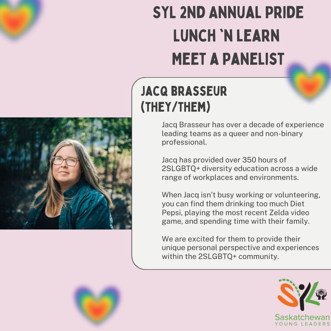 SKYoungLeaders's tweet photo. SYL presents our 2nd Annual Pride Lunch 'n Learn!! Join us Tuesday, June 27th at Noon (CST) for an informative session on LGBTQ2+ topics and lived experiences.
We invite to register here: https://t.co/31bQh2MXOW
#SYL2023 #Pride2023 https://t.co/rLepMIeVtQ