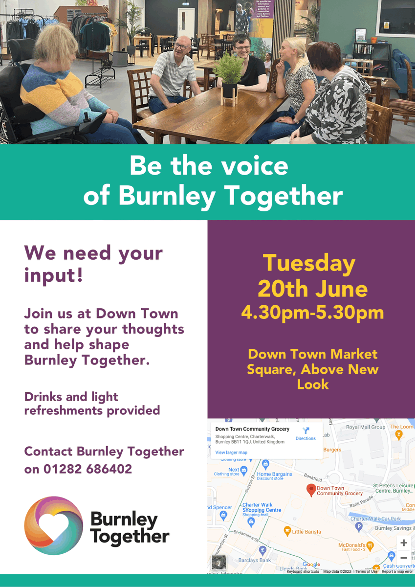 Burnley Together (@togetherburnley) on Twitter photo <a href="/TogetherBurnley/">Burnley Together</a> is a partnership of many organisations that support our local community. It is important to us that you help shape that service. Come along on Tuesday 20th June, 4:30pm- 5:30pm to share your thoughts ideas and views. <a href="/TogetherBurnley/">Burnley Together</a> is a partnership of many organisations that support our local community. It is important to us that you help shape that service. Come along on Tuesday 20th June, 4:30pm- 5:30pm to share your thoughts ideas and views.