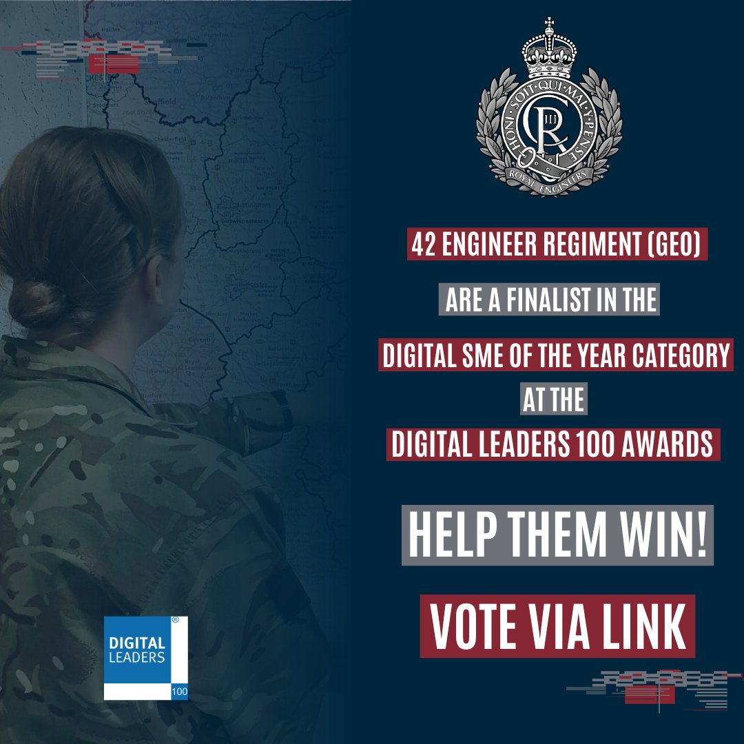 Corps of Royal Engineers (@proud_sappers) on Twitter photo Congratulations to our #SapperFamily in <a href="/42EngrRegt_Geo/">42 Engr Regt (Geo)</a>, who are now finalists in the Digital SME of the Year Category at the <a href="/DigiLeaders/">Digital Leaders</a> 100 Awards Ceremony!
They still need your help to win! Vote for them: digileaders100.com/digital-sme
#RoyalEngineers #SapperSmart #Ubique Congratulations to our #SapperFamily in <a href="/42EngrRegt_Geo/">42 Engr Regt (Geo)</a>, who are now finalists in the Digital SME of the Year Category at the <a href="/DigiLeaders/">Digital Leaders</a> 100 Awards Ceremony!
They still need your help to win! Vote for them: digileaders100.com/digital-sme
#RoyalEngineers #SapperSmart #Ubique