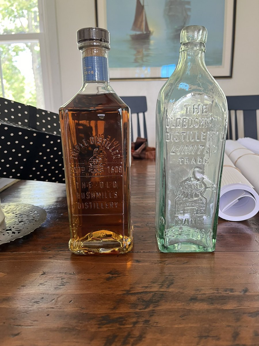 atejerina's tweet photo. Father’s Day gift next to a bottle I dug up. One aged 12 years, the other 130 years. Love to see the still illustration evolve @BushmillsIRL https://t.co/MtIumFpQ5l