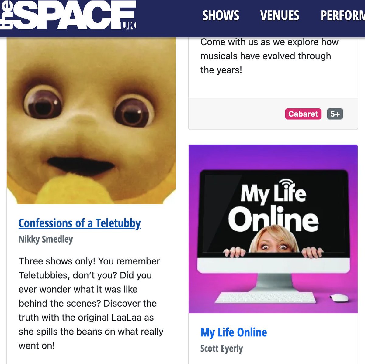 scotteyerly's tweet photo. What are the chances? Two Fringe posters with, well, alert expressions end up RIGHT NEXT to each other in the theater program! (N.B. No Teletubbies in our show.) Check out the program at https://t.co/pt8bfu8Rl6. @S_minns @lanabode @edfringe @theSpaceUK
#edfringe #fillyerboots https://t.co/OZJziZ5Aoe