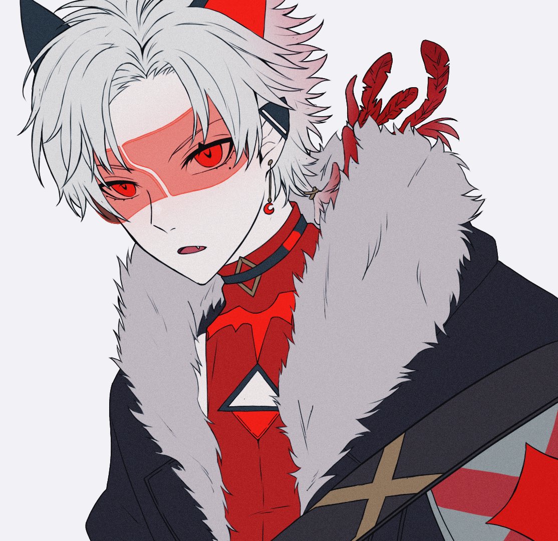 1boy male focus red eyes earrings jewelry solo fur trim  illustration images