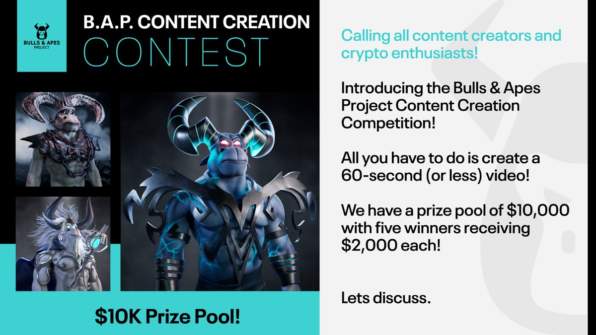 🐂 Calling all content creators &amp; crypto enthusiasts! 🦍

Introducing the Bulls &amp; Apes Project Content Creation Competition!

All you have to do is create a 60-second (or less) video!

We have a prize pool of $10,000 with five winners receiving $2,000 each! 💸

Let's discuss👇🧵
