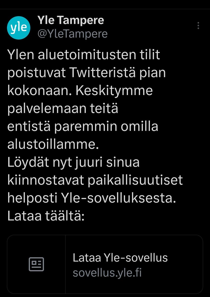 Yhden aikakauden loppu. Olin perustamassa Yle Tampereen tiliä Twitteriin vuonna 2009. Huomenna tili poistetaan, kuten muutkin Ylen alueelliset tilit. Paikalliset uutiset löytyvät jatkossa Yle-sovelluksesta.
