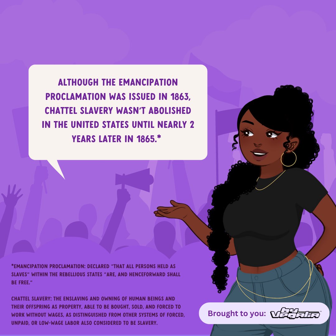 byvegalia's tweet image. (3/6) Although the emancipation proclamation was issued in 1863, chattel slavery wasn’t abolished in the United States until nearly 2 years later in 1865.