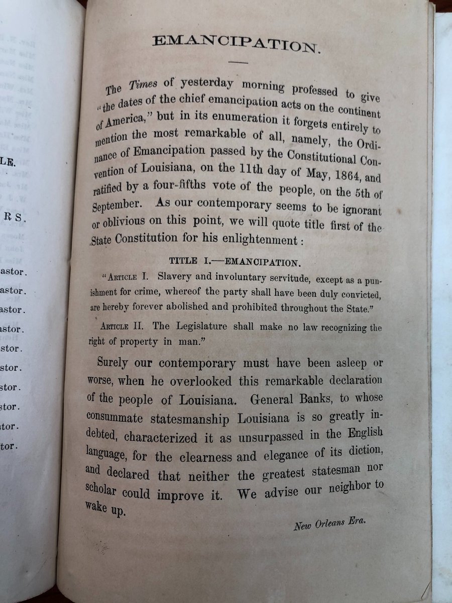 susannahjural's tweet photo. As we celebrate Juneteenth &amp; consider the long process of emancipation, I spotted a fav. item in the Williams Collection that captures another part of that process: a copy of the Ordinance of Emancipation that declared free enslaved Louisianans not freed by the orig Em. Proc. https://t.co/l6wK8tiqut