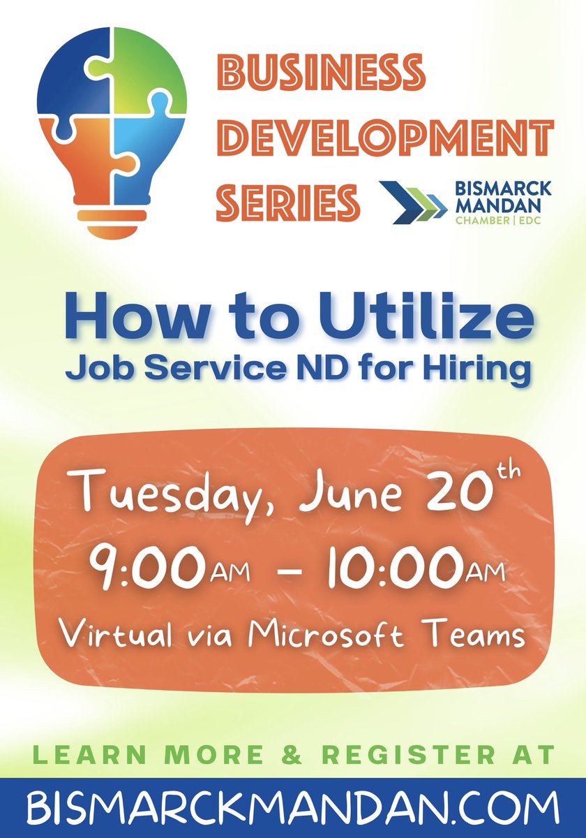 bismancedc's tweet photo. Join us virtually from 9-10am TOMORROW morning for our next #BusinessDevelopmentSeries on How to Utilize @JobServiceND for Hiring! 💼
This session will take place virtually via Microsoft Teams and is completely FREE and available to all Chamber EDC members to attend! 💡 https://t.co/ciUVqjsoCK