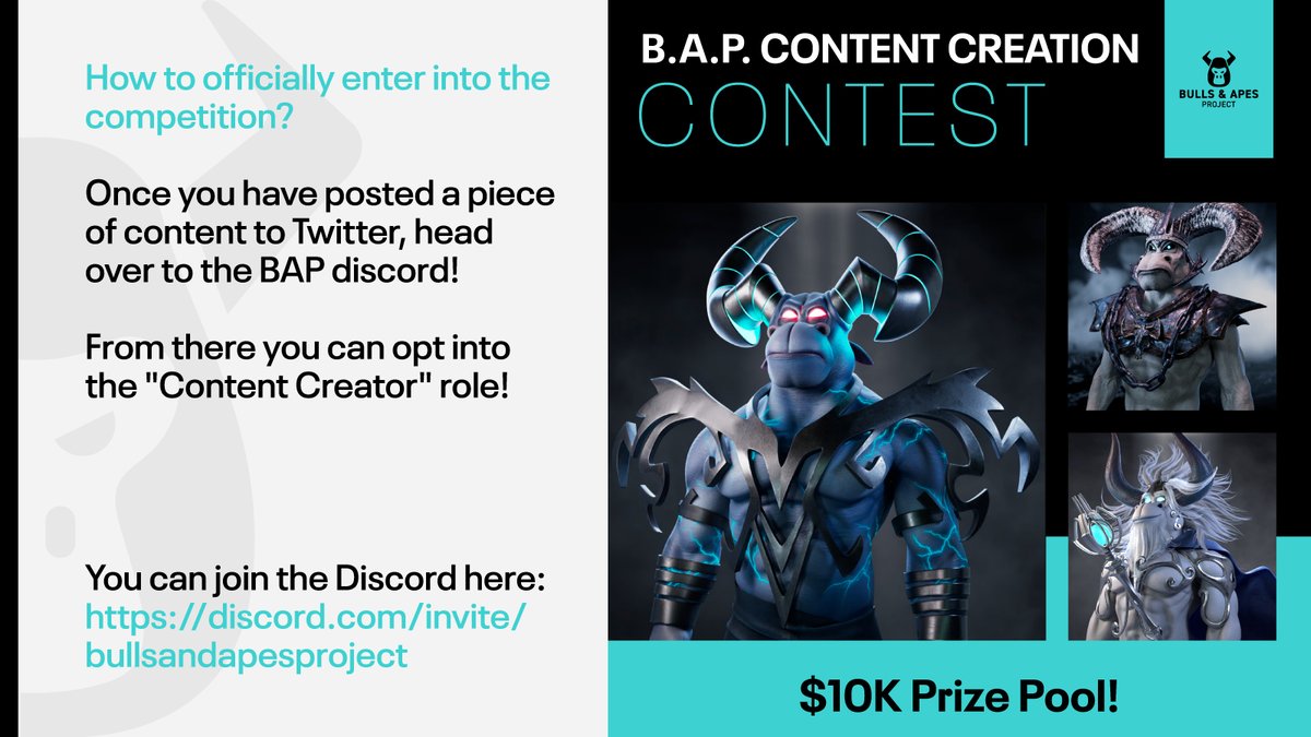 How to officially enter into the competition?

Once you have posted a piece of content to Twitter, head over to the BAP discord!

From there you can opt into the "Content Creator" role!

You can join the Discord here: discord.com/invite/bullsan…