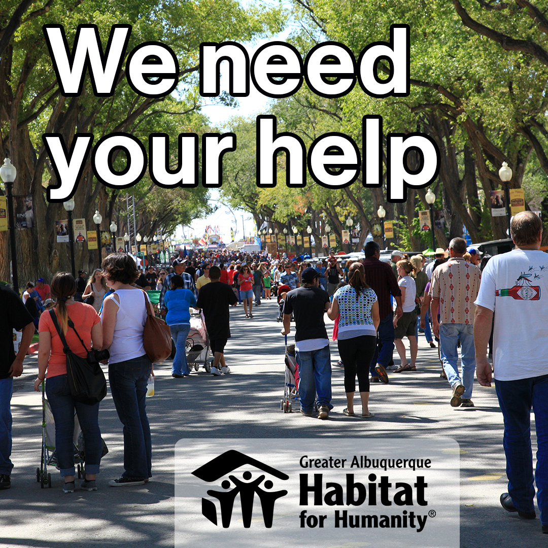 We need your help. 
We need volunteers for the New Mexico State Fair. Email Regina@HabitatABQ.org 
#newmexico #albuquerque #volunteer #volunteering #giveback #statefair #nmstatefair #summertime #habitatabq #habitatforhumanity