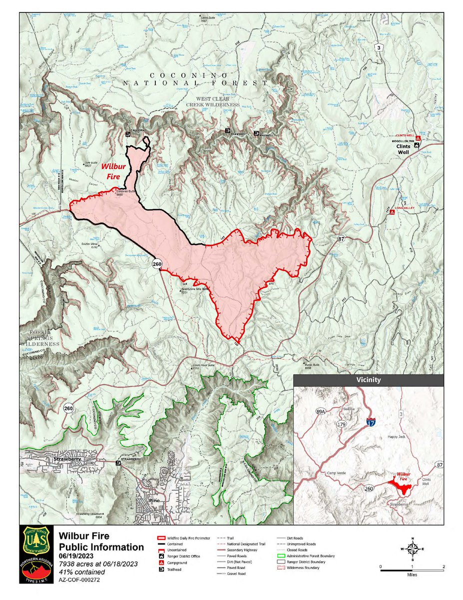 CoconinoNF's tweet image. #WilburFire #Update Acreage: 7,938
Containment: 41 percent
Start date: May 21, 2023
Total personnel: 150
Location: 8.5 miles west of Clints Well (Mogollon Rim Ranger District, Coconino National Forest)
Fuels: Ponderosa pine and pinyon-juniper

HAPPY JACK, Ariz., June 19, 2023 —