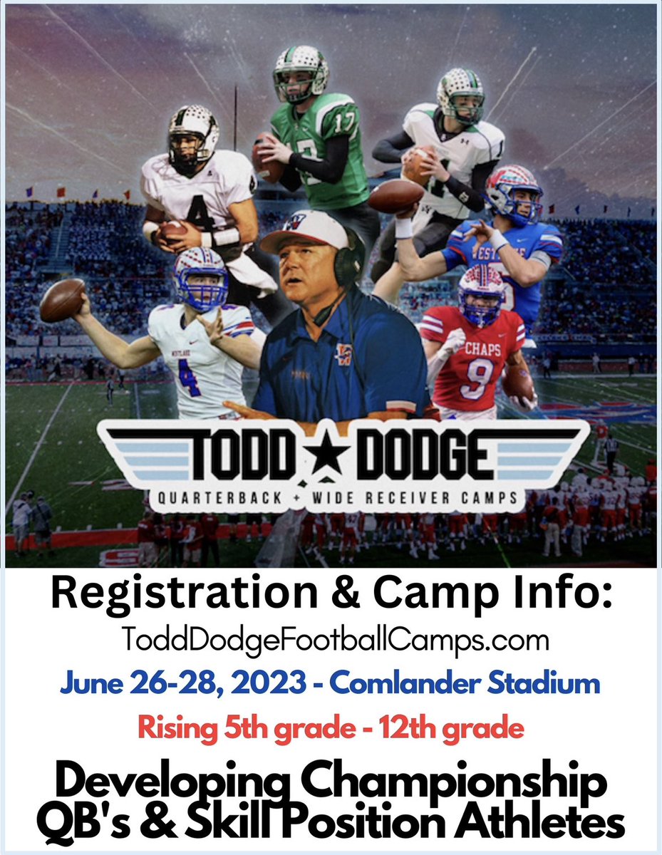 ToddDodgeFBcamp's tweet photo. San Antonio QB’s, WR’s and Skill Position Athletes: we have a few open spots for camp next week. If you’re looking to rise to championship level, you need to be at camp! 

Registration in bio. @DHSWolvesFB @FootballPieper @cisdnews @NeisdAthletics @lwalters13 @FactoryMonroe https://t.co/E1UXfFvISW