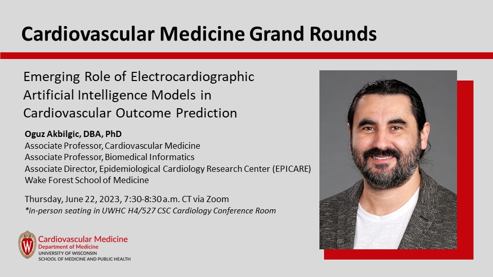 Looking forward to grand rounds and a full day of meet and greets with visiting speaker @akbilgicbmi on 6/22! In-person seating available in the cardiology conference room or you can join via Zoom! @uw_medicine  ce.icep.wisc.edu/cardiovascular…