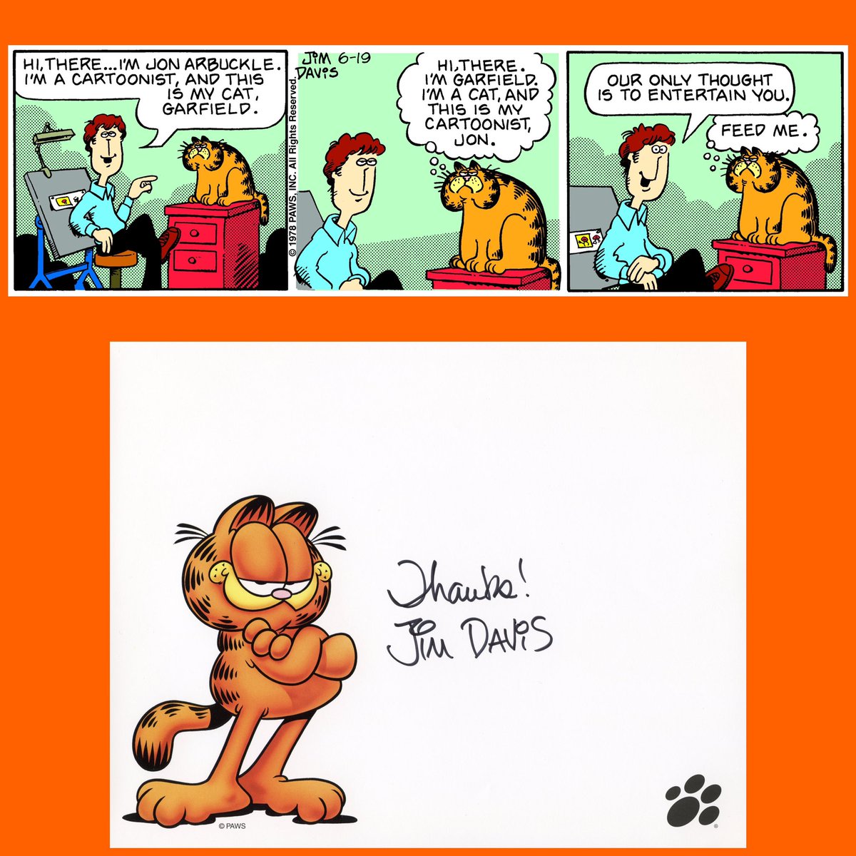 June 19, 1978 - The newspaper comic strip “Garfield” made its nationwide debut. From 1976 to 1978 the comic strip was known as “Jon” and ran in a local Indiana newspaper. 🐾 * 8 x 10 photo of @Garfield signed by creator Jim Davis, is from my collection. 📰#Garfield #JimDavis