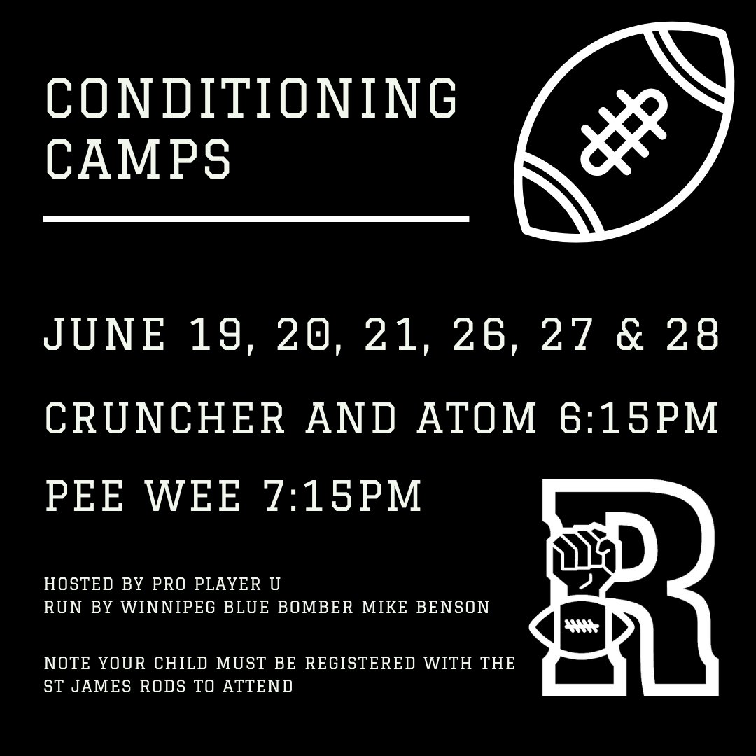 GoRods's tweet image. St. James Rods Conditioning Camps:
June 19, 20, 21, 26, 27 &amp;amp; 28
hosted by proplayeru.ca
ProPlayerU | Sport Performance | Personal Training  run by Winnipeg Blue Bombers Mike Benson! rodsfootball.com