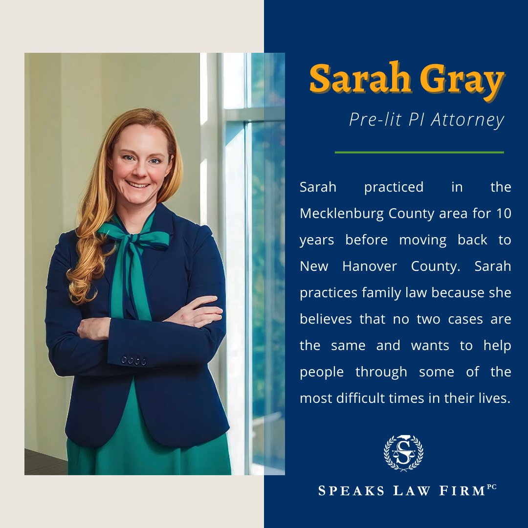 #TeamMemberSpotlight - Sarah Gray

Read more about Sarah here: speakslaw.com/our-team/sarah…

📲 910-407-9644 💻 SpeaksLaw.com 

#WilmingtonAttorneys #NCattorneys #CharlotteNCAttorneys #personalinjury