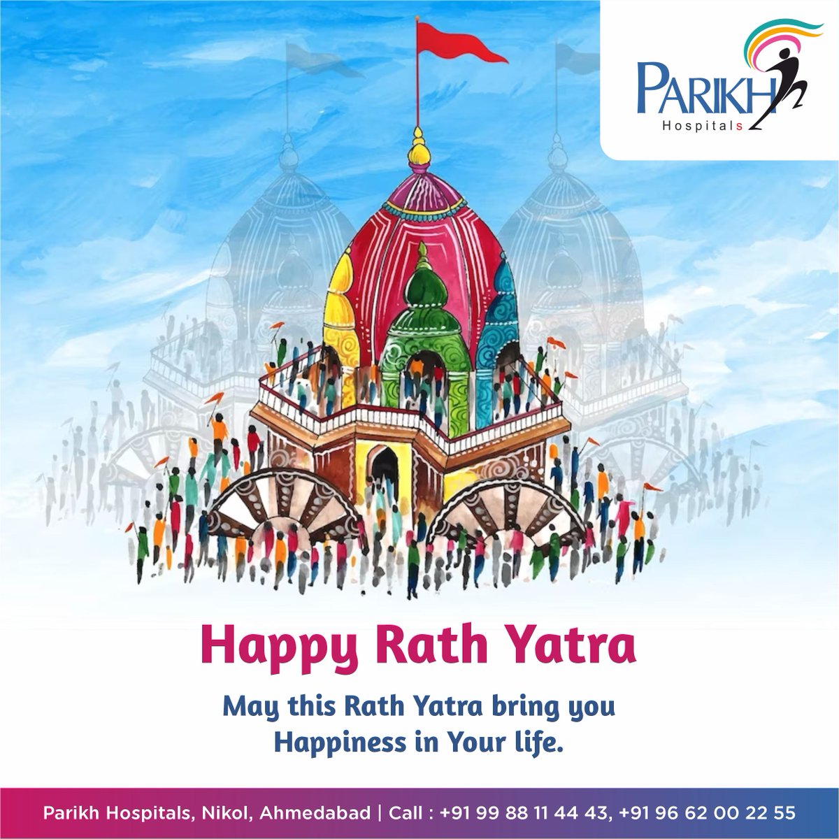 Jagannath Rath Yatra has a great significance in Hindu religion. This festival is dedicated to worship Lord Krishna along with elder brother Balbhadra and younger sister Subhadra. The celebration starts from Snana Purnima. #ParikhHospitals #Nikol #RathYatra2023
