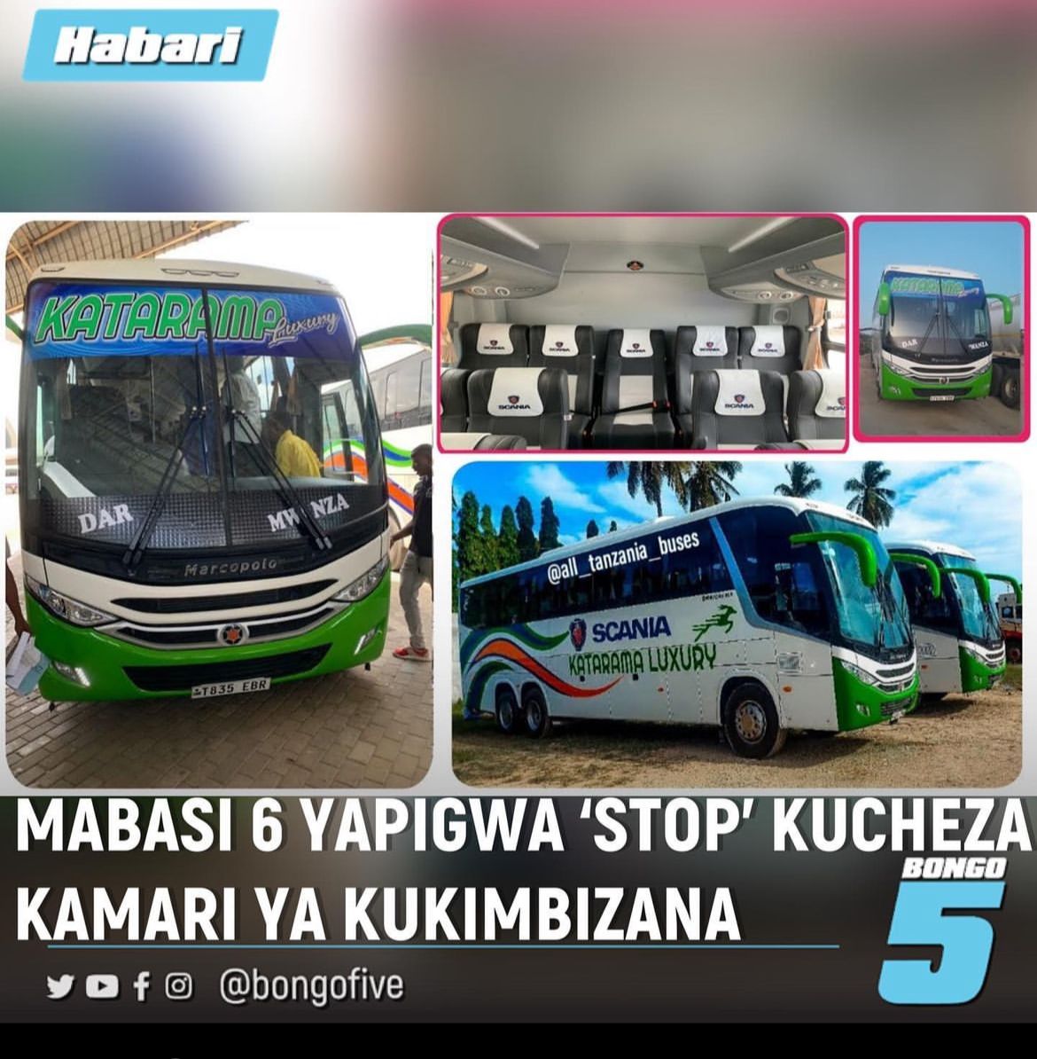 TBoundBuses's tweet photo. Umekaa zako huna ili wala lile unaambiwa haya ndio mabasi sita yaliyopigwa stop, ukiangalia kwa makini ni picha za basi mbili tu kutoka kampuni moja 😂 ila #Bongo5
#Katarama Luxury https://t.co/WyHwgyh512