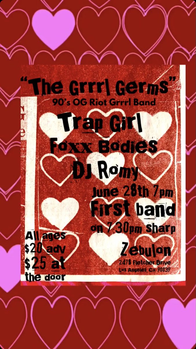 JUSWANNA remind everyone about SOME SPECIAL show THAT’S HAPPENING June 28th at @ZebulonLA ! We hear a 90’s OG #riotgrrrl band playing.  Maybe you all can take a STAB as to who it is? Get yr tix NOW: link.dice.fm/4WkYDfqoLAb
