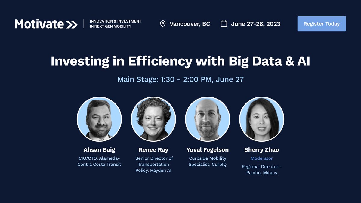 Digitizing mobility infrastructure has the potential to dramatically increase the efficiency of our transportation systems. Join me on 6/27 at #MotivateVANCOUVER in the session 'Investing in Efficiency with Big Data and AI”.