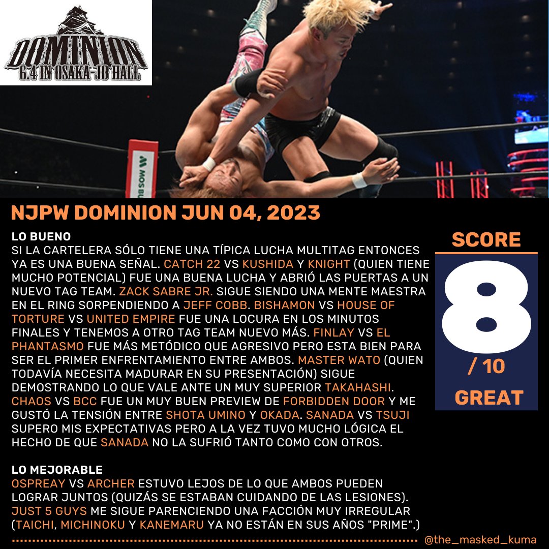 #njpwdominion JUN 04, 2023 THOUGHTS/IMPRESIONES!

Feels we are heading into a new era. Though it may take some time.

#puroresu #njpw #aewforbiddendoor #sanada #yotatsuji #kazuchikaokada #shotaumino #davidfinlay #elphantasmo #hiromutakahashi #hiroshitanahashi #jonmoxley