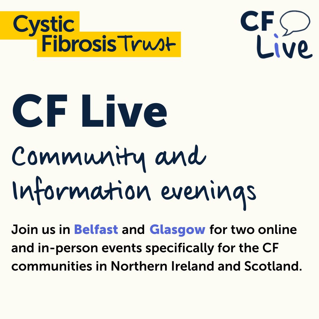 cftrust's tweet photo. Don't forget! 📣 Join us on Tuesday 20 June @ 4:30pm in 𝗕𝗲𝗹𝗳𝗮𝘀𝘁, and Wednesday 21 June @ 6:30pm in 𝗚𝗹𝗮𝘀𝗴𝗼𝘄, for two online and in-person community and information evenings. 

Register here: https://t.co/gVvlNhDe6q

#cflive #communityevents #cftrust #cysticfibrosis https://t.co/YhKUyRvuwH