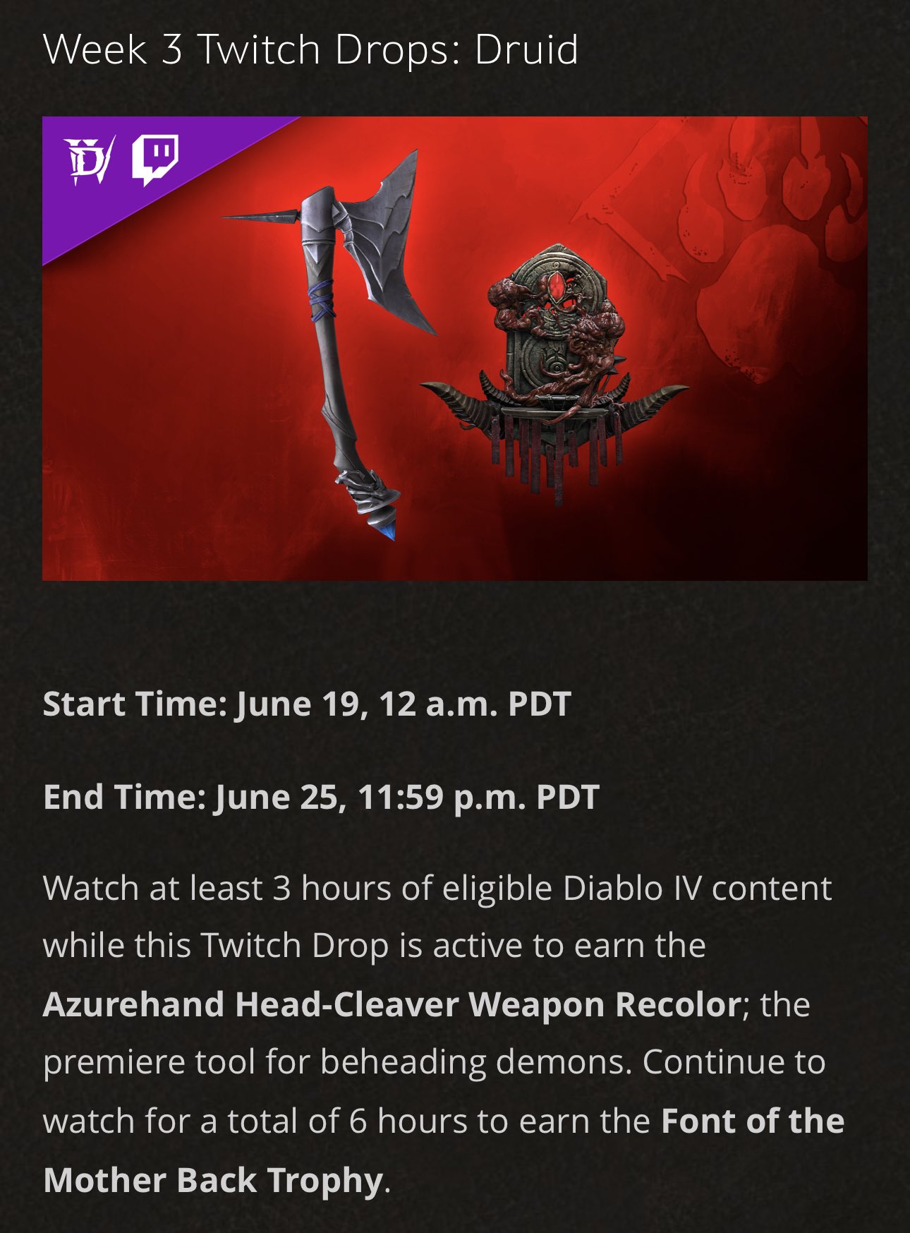 Adam Fletcher on X: &ldquo;Week 3 of #DiabloIV Twitch Drops start today 