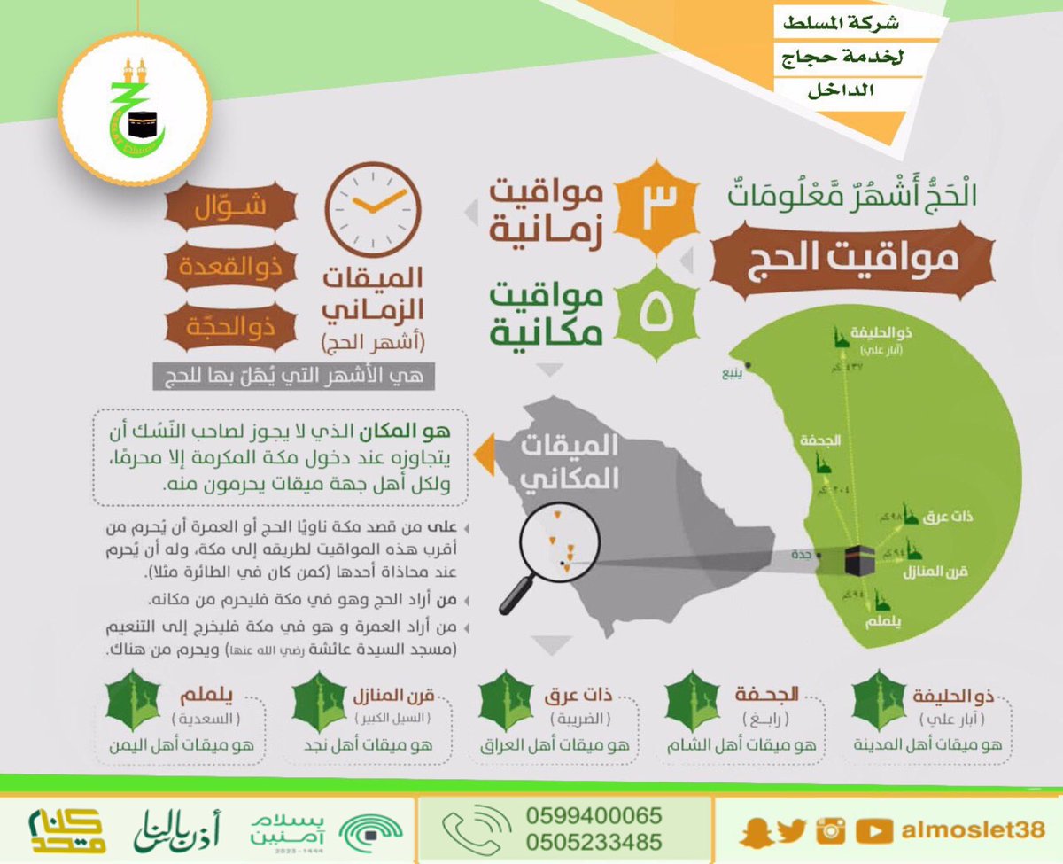 أخي الحاج المبارك : تعرف على مواقيت الحج الزمانية والمكانية … 
#شركة_المسلط 
#أذن_بالناس 
#كلنا_متحد 
#بسلام_آمنين 
#حج44