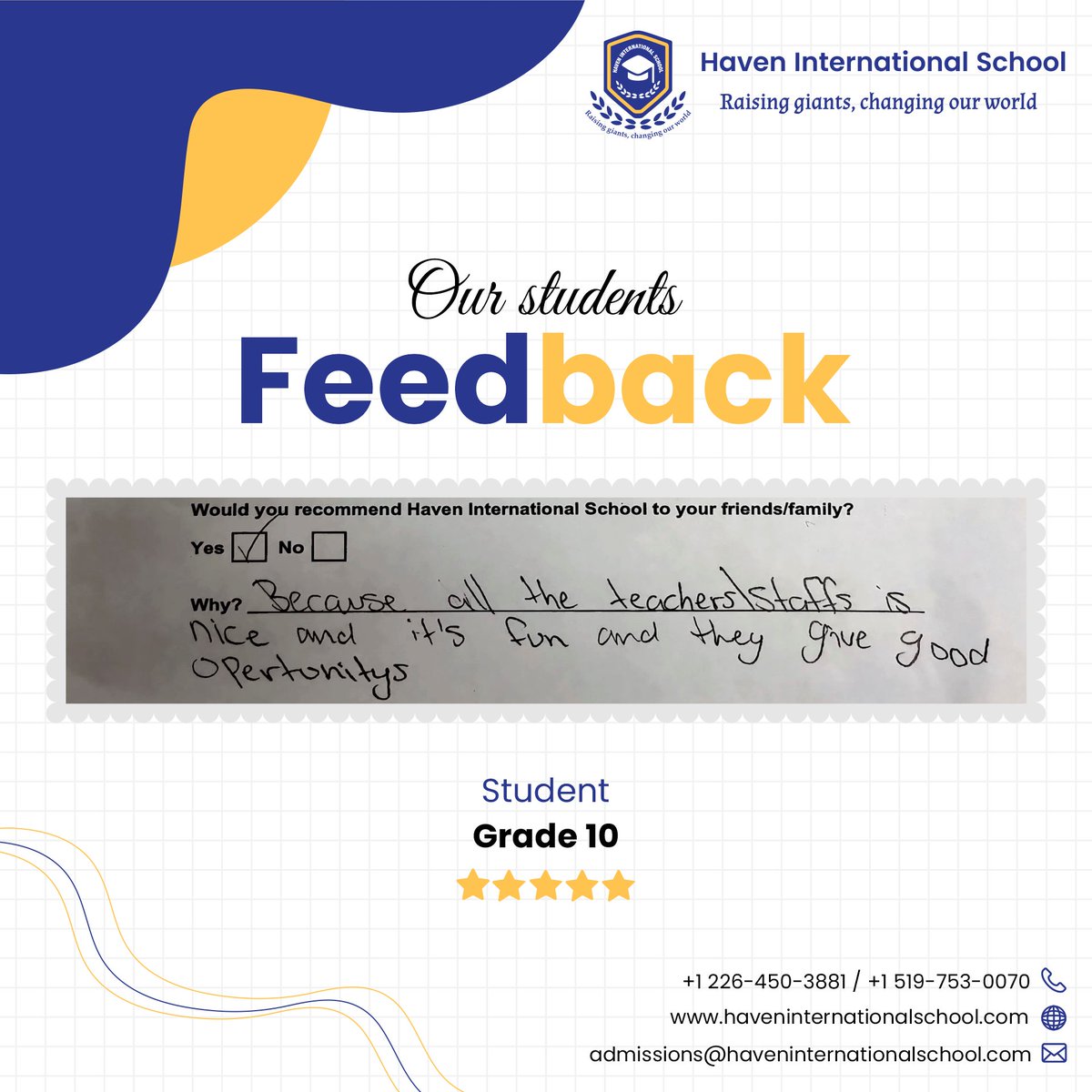 We're thrilled to share these incredible testimonials from our exceptional students of Grade 10! Their words truly reflect the positive impact our school has on young minds and the transformative educational experience we provide.
.
.
#HavenInternationalSchool #StudentTestimonial
