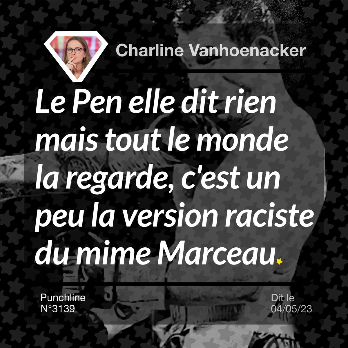 Punchlinr_Fr's tweet photo. La #journaliste @Charlineaparis a récemment évoqué Marine #Lepen dans l’#émission #CestEncoreNous sur @franceinter. #Politique #RN #FN #ExtrêmeDroite #Racisme #Mime #Marceau #Punchline #Plaah. https://t.co/xyIabDTErj