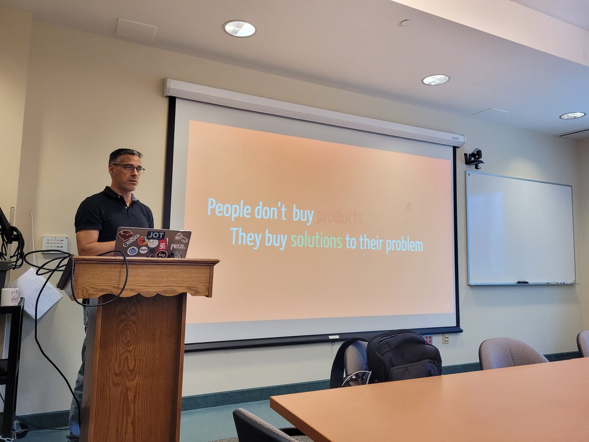 Today's McsCert seminar <a href="/McMasterEng/">McMaster Engineering</a> is about people not buying products, but solution to their problems (speaker is <a href="/jmbruel/">Jean-Michel Bruel</a>).