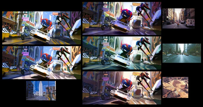 These are some composition value "sketches" and my initial color/lighting comps for that look-dev illustration.