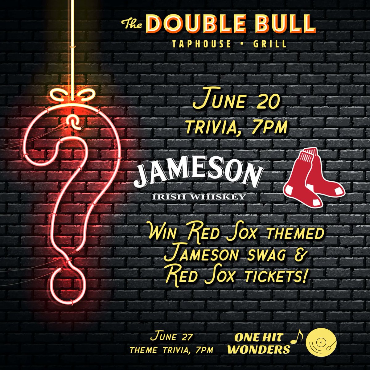 thedoublebull's tweet photo. We are so excited to partner with our friends at Jameson, again, to offer an amazing trivia prize bundle of Red Sox themed Jameson swag along with a pair of RED SOX TICKETS (for a game in July). Join us tomorrow night, June 20, for your chance to win! https://t.co/tsV5F9qcSv