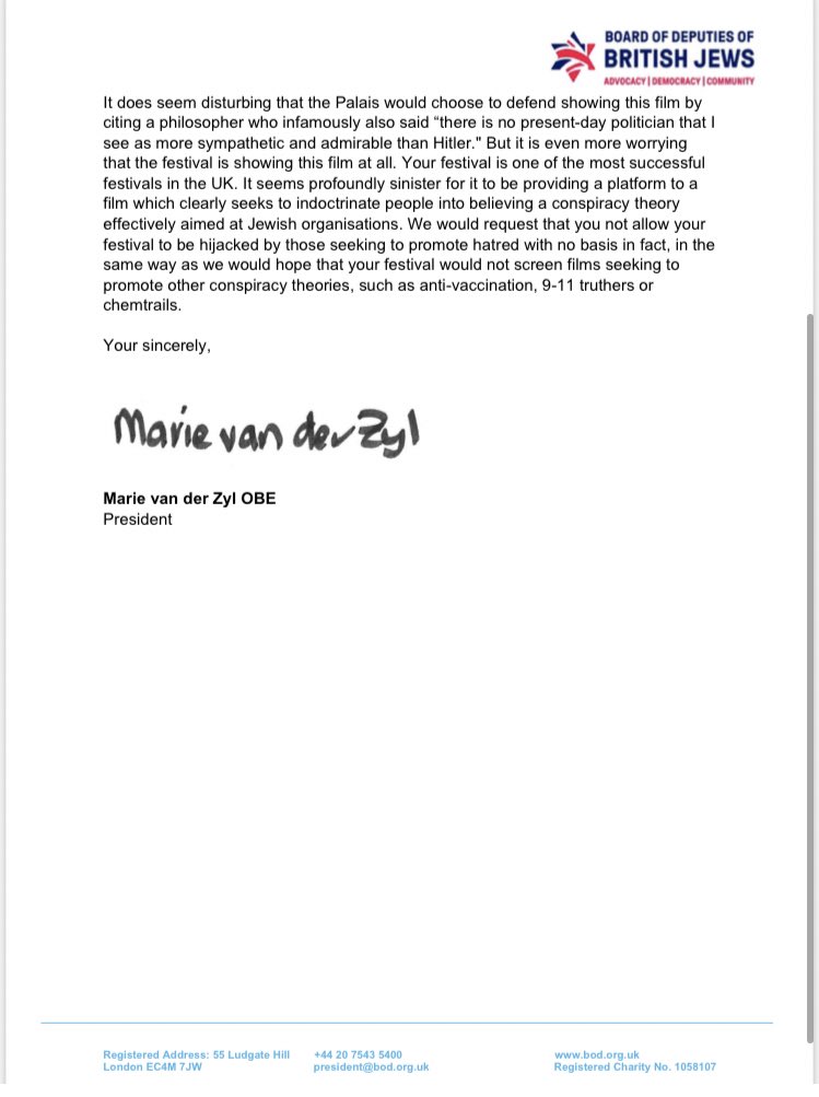 We are pleased that in the wake of a letter we sent earlier today, @glastonbury have announced the cancellation of the screening of this film. Hateful conspiracy theories should have no place in our society.