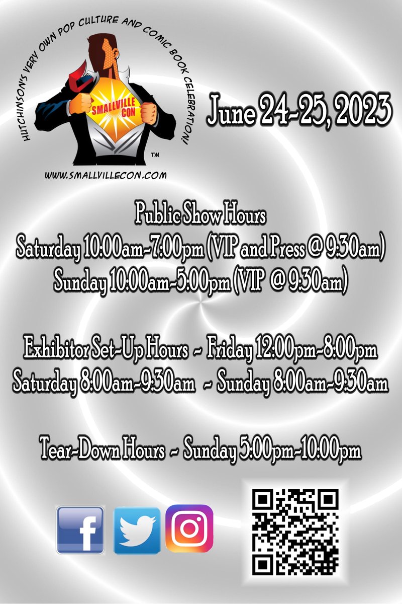 For all our Exhibitors for the #SmallvilleCon Setup will be Friday June 23rd from 12:00pm - 8:00pm and Saturday from 8:00am - 9:30am, VIP enter at 9:30am and General Admission at 10:00am. Tickets are available at the Door for Single day or Weekend pass. #VisitHutch #HutchPost