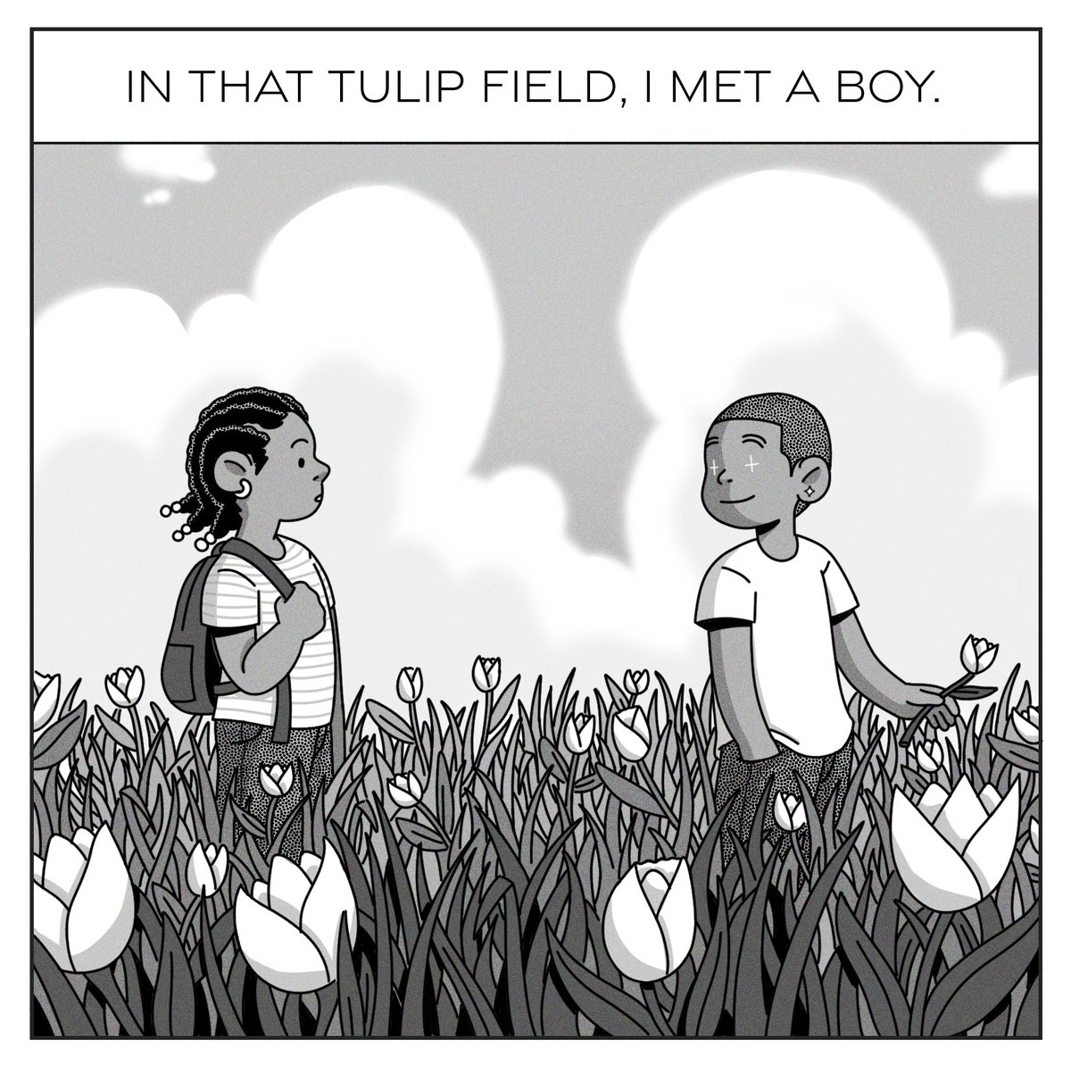 Doing something special for #JuneteenthDay and sharing a thread (all 18 pages) of my favorite comic I made in the last couple of years about a little girl who meets a boy in a tulip field.  💫🌷'Everywhere' 🌷💫 (1/5)