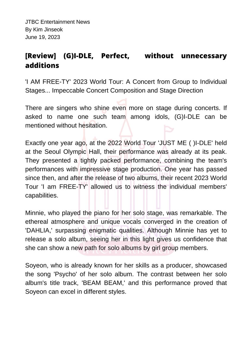 neverlandintl's tweet photo. [📝] [Review] (G)I-DLE, Perfect,  without unnecessary additions by JTBC Ent News

🔗https://t.co/B2O5ixRlIN
Full translation in the images

#2023_GIDLE_WORLDTOUR #여자아이들 #GIDLE @G_I_DLE https://t.co/xBnFJ9hc4X