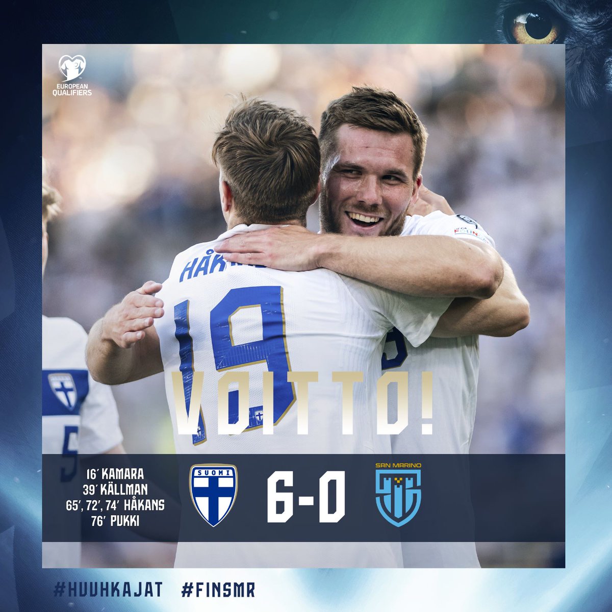 Tänään Olympiastadionin upeassa tunnelmassa huippuhetki oli Daniel Håkansin alle kymmenen minuutin hattutemppu. Kiitos kotiyleisö, kiitos #Huuhkajat! 🦉

Seuraava kotipeli on syyskuussa Tanskaa vastaan - osta lippusi, kun vielä ehdit!➡️ palloliitto.fi/liput/

 #FINSMR