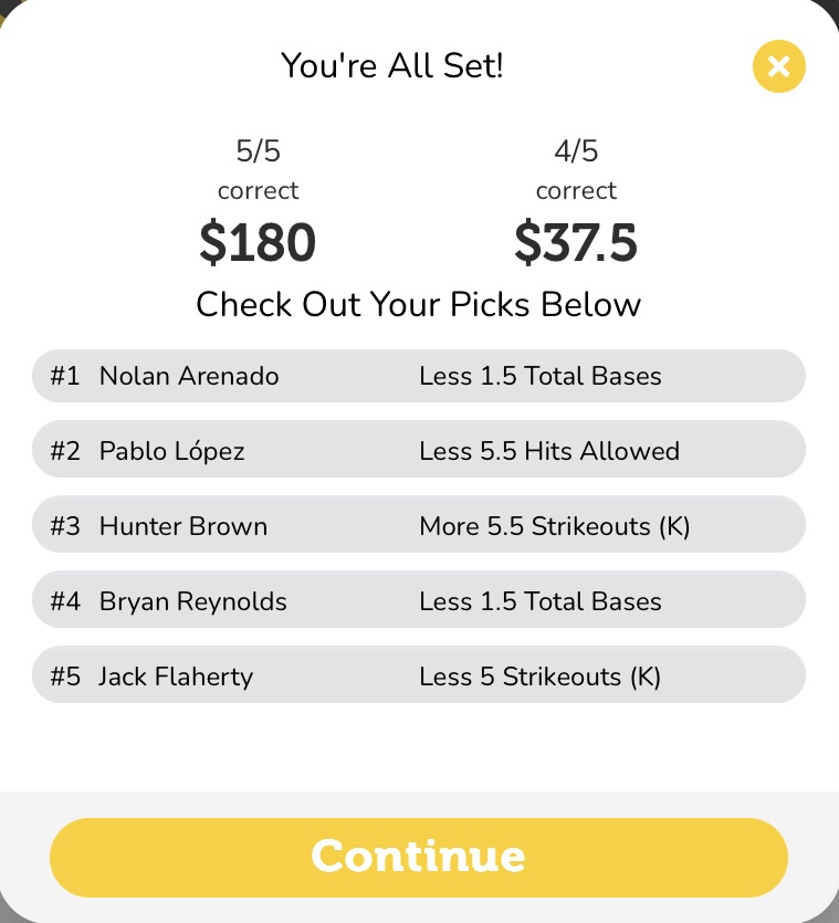 6/19/2023 - ParlayPlay  

Not the greatest value on ParlayPlay right now, but we managed to get a slip together. Lock it in now!

Use my link: parlayplay.io/account/signup… #PrizePicks 

#prizepicksmlb #DFS #GamblingTwitter #MLB #FreePlays #prizepicknba #prizepickslocks