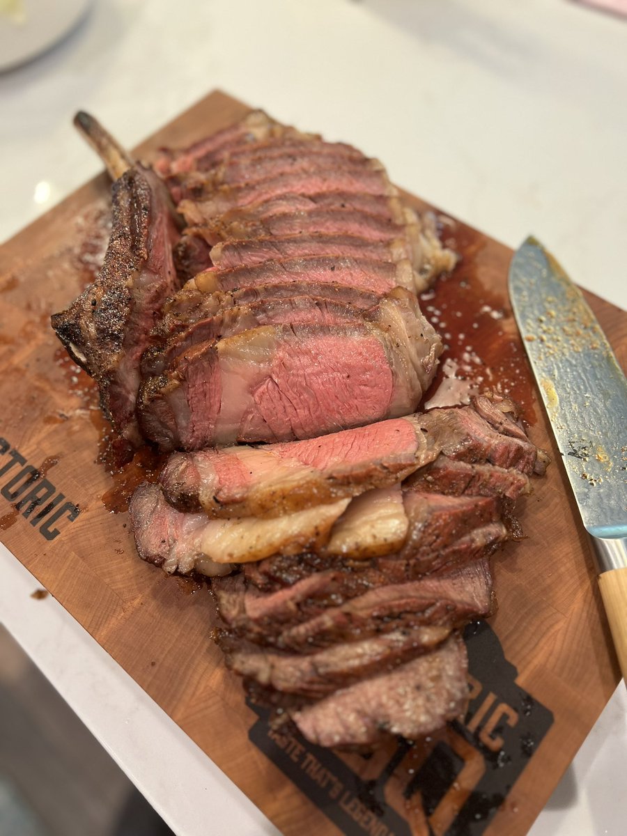 HistoricBBQ's tweet photo. Quality Jane time + 4lb wagyu tomahawk = an awesome first Father’s Day. 
Smoked on the @TraegerGrills at 200 til it hit an internal temp of 115 then I cranked ip the temp and seared both sides until it hit 127. https://t.co/24tzwsfkjQ