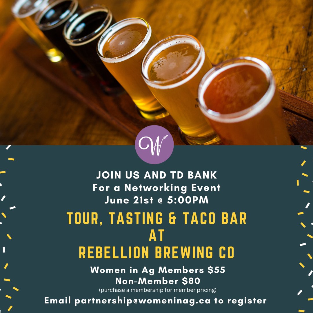 Looking for an evening to connect with other Women in Ag or learn more about our organization? Coming into Regina for Canada's Farm Show this week? 

Join us for an evening at @RebBrewRegina for a tour, tasting, tacos and networking!

Email partnership@womeninag.com to register.