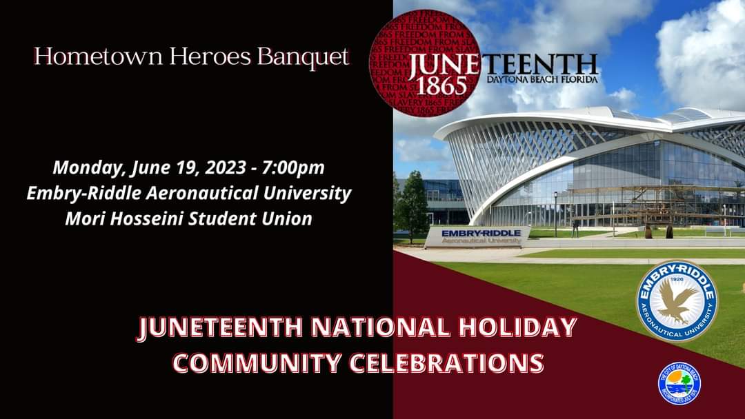 Juneteenthdab's tweet photo. HAPPY JUNETEENTH!!!
This evening, we celebrate the heroes in our community at the Hometown Heroes Banquet on the campus of Embry-Riddle University.  We are honoured to be able to thank them for their hard work and dedication, and conclude this great Juneteenth Holiday Weekend! https://t.co/44VL5gj7fa