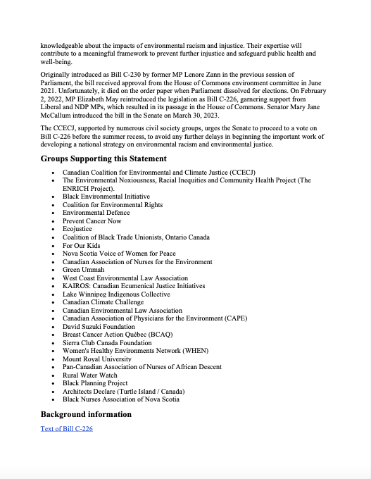 theccecj's tweet photo. Advocates and impacted communities are concerned Bill C-226 is stalled in the Senate 🚨 

We call on the Senate to conclude 2nd reading of the environmental racism bill ✨this week✨,  sending the bill to committee before the summer recess. 

Read our press release below +amplify https://t.co/9UR597GC2C
