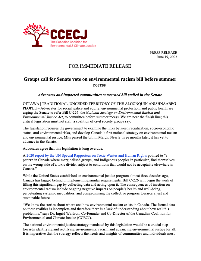 theccecj's tweet photo. Advocates and impacted communities are concerned Bill C-226 is stalled in the Senate 🚨 

We call on the Senate to conclude 2nd reading of the environmental racism bill ✨this week✨,  sending the bill to committee before the summer recess. 

Read our press release below +amplify https://t.co/9UR597GC2C