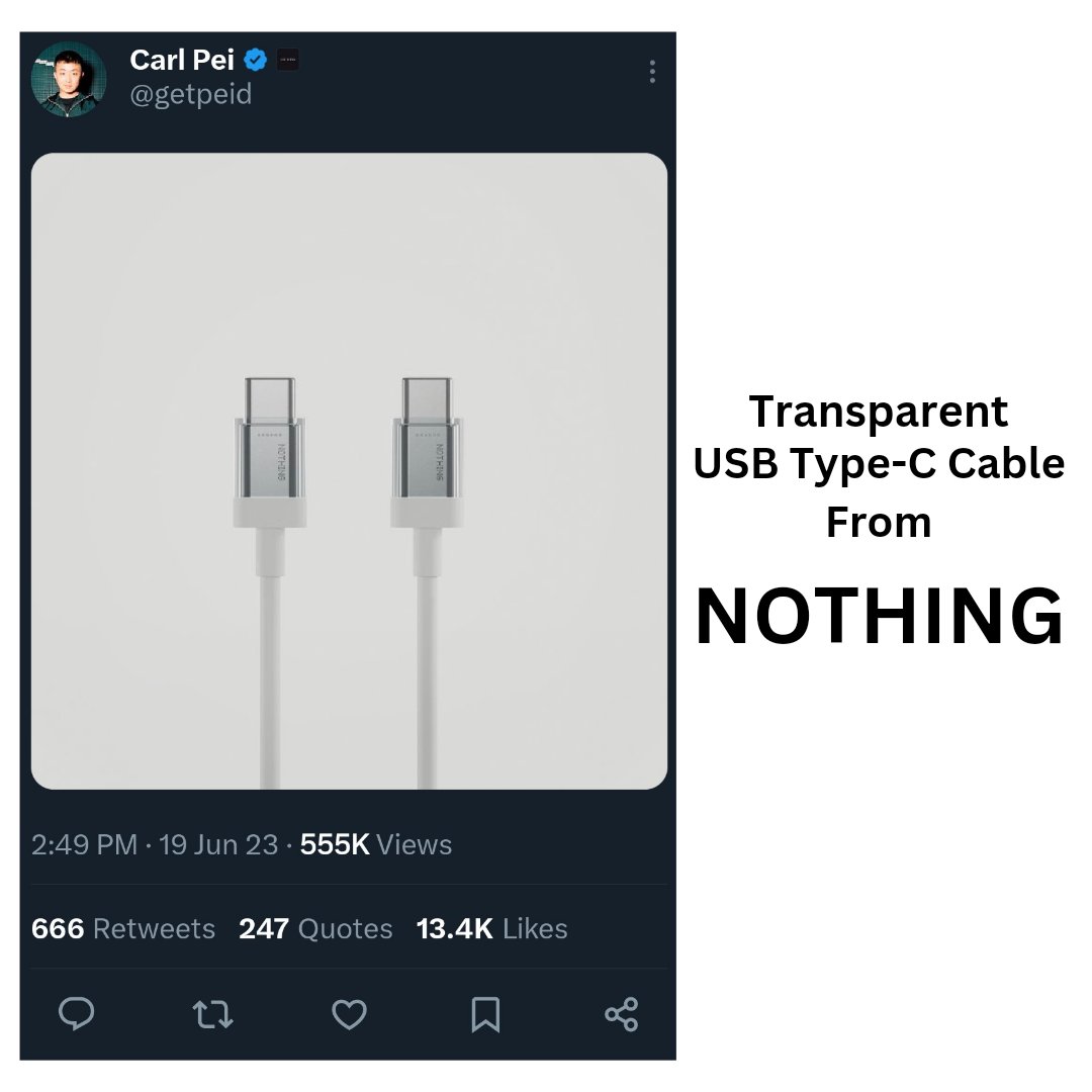 prashantbk11's tweet photo. Nothing's CEO, #CarlPei, Teases transparent #USBTypeCcable on Twitter 

Kya Nothing Phone 2 ke box may charger k saath usb cable bhi nhi hoga? Comments may batao

#NothingPhone2 #nothingstransparentusbcable #transparentusbcablebynothing
#inspiringprashant #inspiringprashanttech https://t.co/djJHlAzn5i