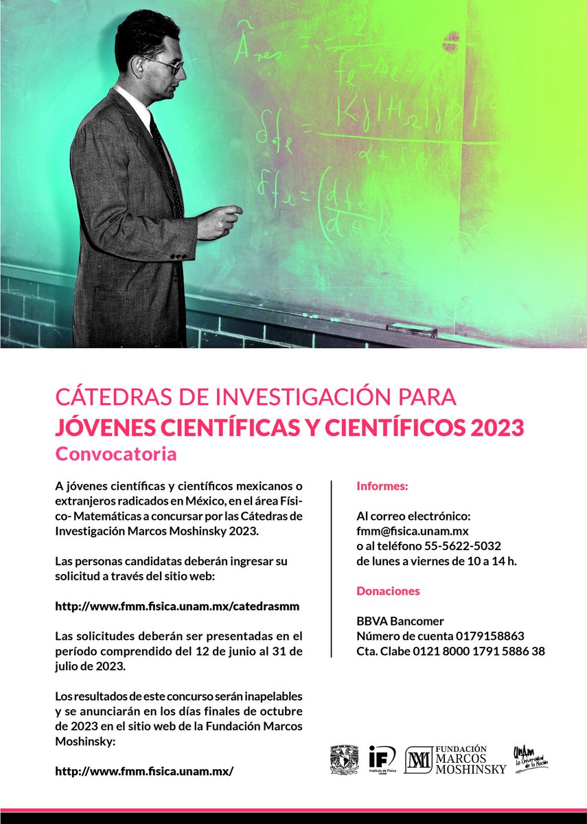 IF_UNAM's tweet photo. 🎖La convocatoria para concursar por las Cátedras de Investigación Marcos Moshinsky 2023 está abierto.
👉 Conoce la convocatoria, los pasos a seguir y registra tu solicitud: https://t.co/9yCzG0iFIr
#Moshinsky #Cátedra #Física #IFUNAM https://t.co/3Yudqkpldx